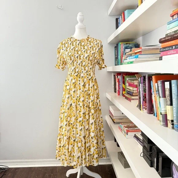 IVY CITY CO Lemon Drop Layered Smocked Maxi Dress puff sleeve Lemon Print Large - Picture 2 of 12